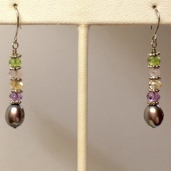 Gray Pearl, Crystal, & Sterling Dangle Earrings - Picture 7 of 7